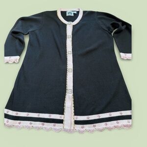 Storybook Knits Vintage black cardigan with pink trim.  Long style.  Size 1X.